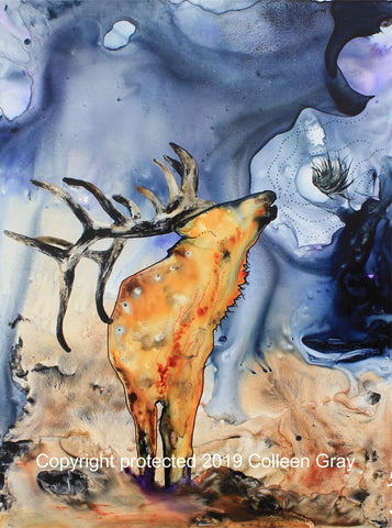 Image of Title: The Love Song 16x20 archival print by Metis Artist Colleen Gray Indigenous Canadian Art Work. Vertical. Elk singing. For sale at https://artforaidshop.ca