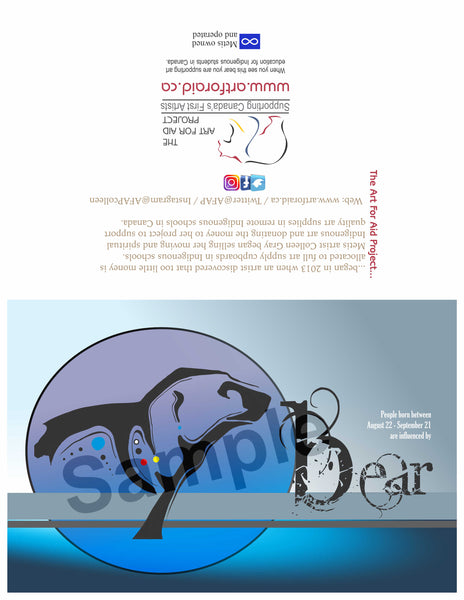 Image of Influenced Birthday Card August 22 – September 21 Bear by Metis Artist Colleen Gray Indigenous Canadian Art Work. For sale at https://artforaidshop.ca