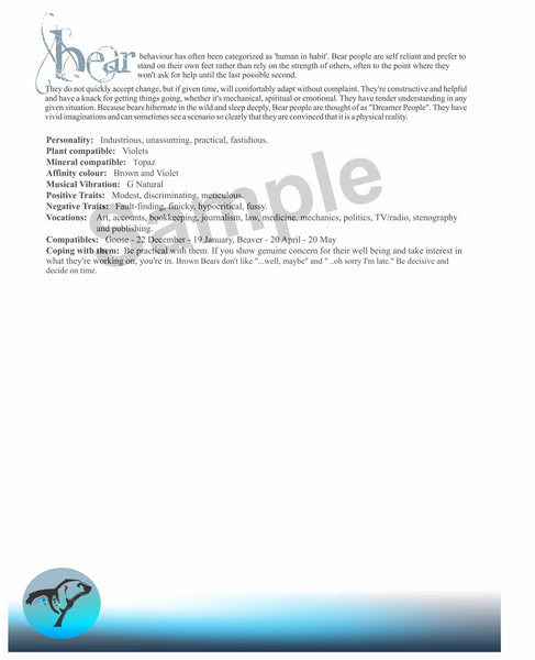 The inside of the card contains interesting information about the sort of person a Bear person might be. It also includes personality traits, compatible plants, minerals and colours along with some other fun information about you and the animal you are born under. There is a lovely image on the bottom of the page that mirrors the front of the card.