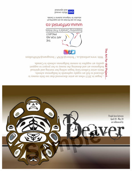 Image of Influenced Birthday Card April 20 – May 20 Beaver by Metis Artist Colleen Gray Indigenous Canadian Art Work. horizontal. For sale at https://artforaidshop.ca