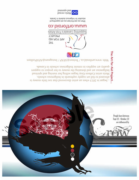 Image of Influenced Birthday Card September 22 – October 22 Crow by Metis Artist Colleen Gray Indigenous Canadian Art Work. For sale at https://artforaidshop.ca