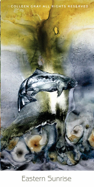 Image of Title: Eastern Sunrise Bookmark by Metis Artist Colleen Gray Indigenous Canadian Art Work.   Salmon Fish swimming in the water. For sale at https://artforaidshop.ca