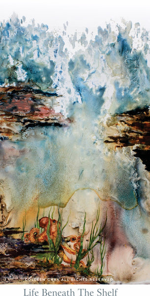 Image of Title: Life Beneath the Shelf Bookmark by Metis Artist Colleen Gray Indigenous Canadian Art Work. Ocean life. Vertical. For sale at https://artforaidshop.ca