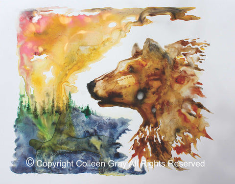 Image of Title: Red Bear In The Sun Art Card by Metis Artist Colleen Gray Indigenous Canadian Art Work. Horizontal. Colourful landscape and bear/wolf. For sale at https://artforaidshop.ca
