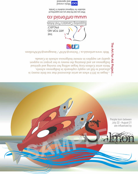 Image of Influenced Birthday Card July 22 – August 21 Salmon by Metis Artist Colleen Gray Indigenous Canadian Art Work. For sale at https://artforaidshop.ca