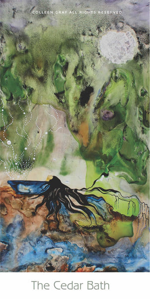 Image of Title: The Cedar Bath Bookmark by Metis Artist Colleen Gray Indigenous Canadian Art Work. Vertical. For sale at https://artforaidshop.ca