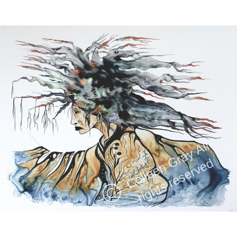 Mother Earth is walking through the water. She is visible from the chest up and in a left facing profile. Her hair is wild and spinning out all over the place. Her robe is pale brown with blue flowers. Her face is haggard and worn from the worry she is carrying.