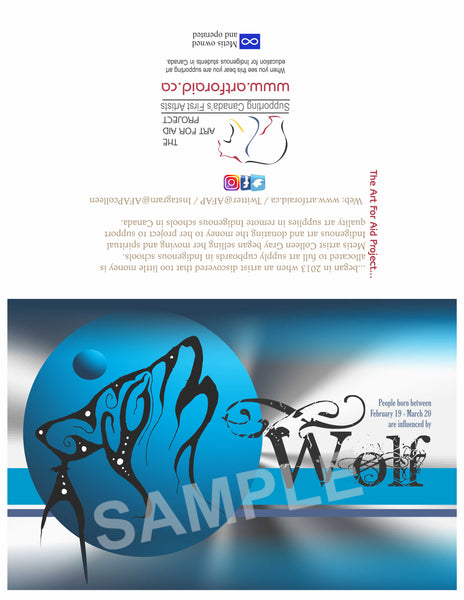 Image of Influenced Birthday Card February 19 – March 20 Wolf by Metis Artist Colleen Gray Indigenous Canadian Art Work. For sale at https://artforaidshop.ca