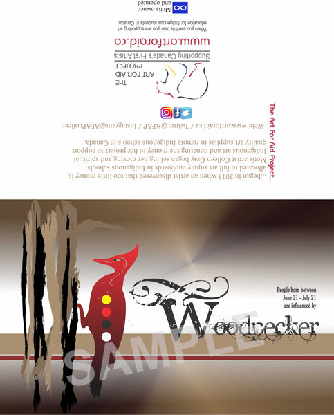 Image of Influenced Birthday Card June 21 – July 21 Woodpecker by Metis Artist Colleen Gray Indigenous Canadian Art Work. For sale at https://artforaidshop.ca