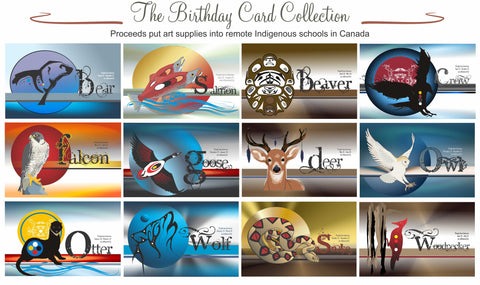 This birthday card bundle is 12 beautiful cards with the animal representative on the outside cover and the relative attributes of the animal on the inside of the card with ample room for your message. The colours are vibrant and Indigenously influenced.