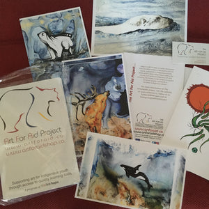 Art Cards supporting the Art for Aid Project. Proceeds send art supplies to remote Indigenous youth in remote Indigenous schools in Canada. Made in Ontario. Features artwork designs by Indigenous Artist Colleen Gray.