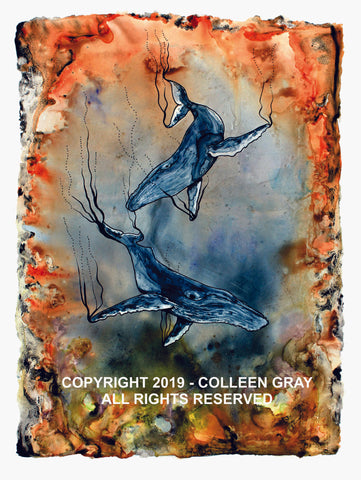 Image of Title: Coral Choir Art Card by Metis Artist Colleen Gray Indigenous Canadian Art Work. Image of two whales swimming. Very orange and blue.  For sale at https://artforaidshop.ca
