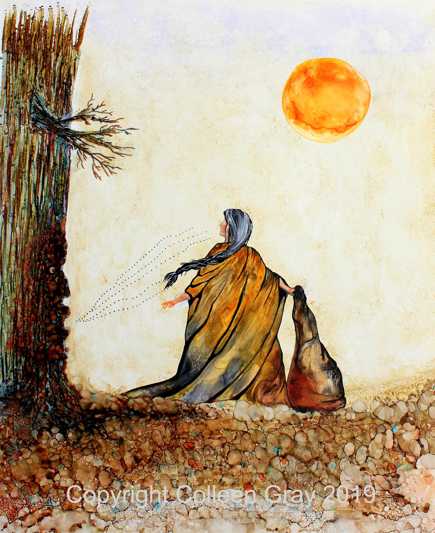 Image of Title: The Story Tree Art Card by Metis Artist Colleen Gray Indigenous Canadian Art Work. Woman with long hair standing before a big tree stories being told. Sun in sky. For sale at https://artforaidshop.ca