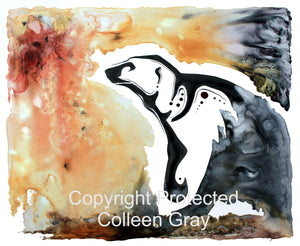 Image of Title: Polar Bear Talks To The Moon 16x20 archival print by Metis Artist Colleen Gray Indigenous Canadian Art Work. Horizontal. Polar bear talking to the sun. For sale at https://artforaidshop.ca