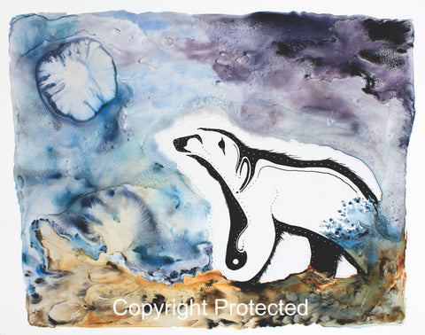 Image of Title: Polar Bear Talks To The Moon Art Card by Metis Artist Colleen Gray Indigenous Canadian Art Work. Horizontal. Polar bear talking to the moon. For sale at https://artforaidshop.ca