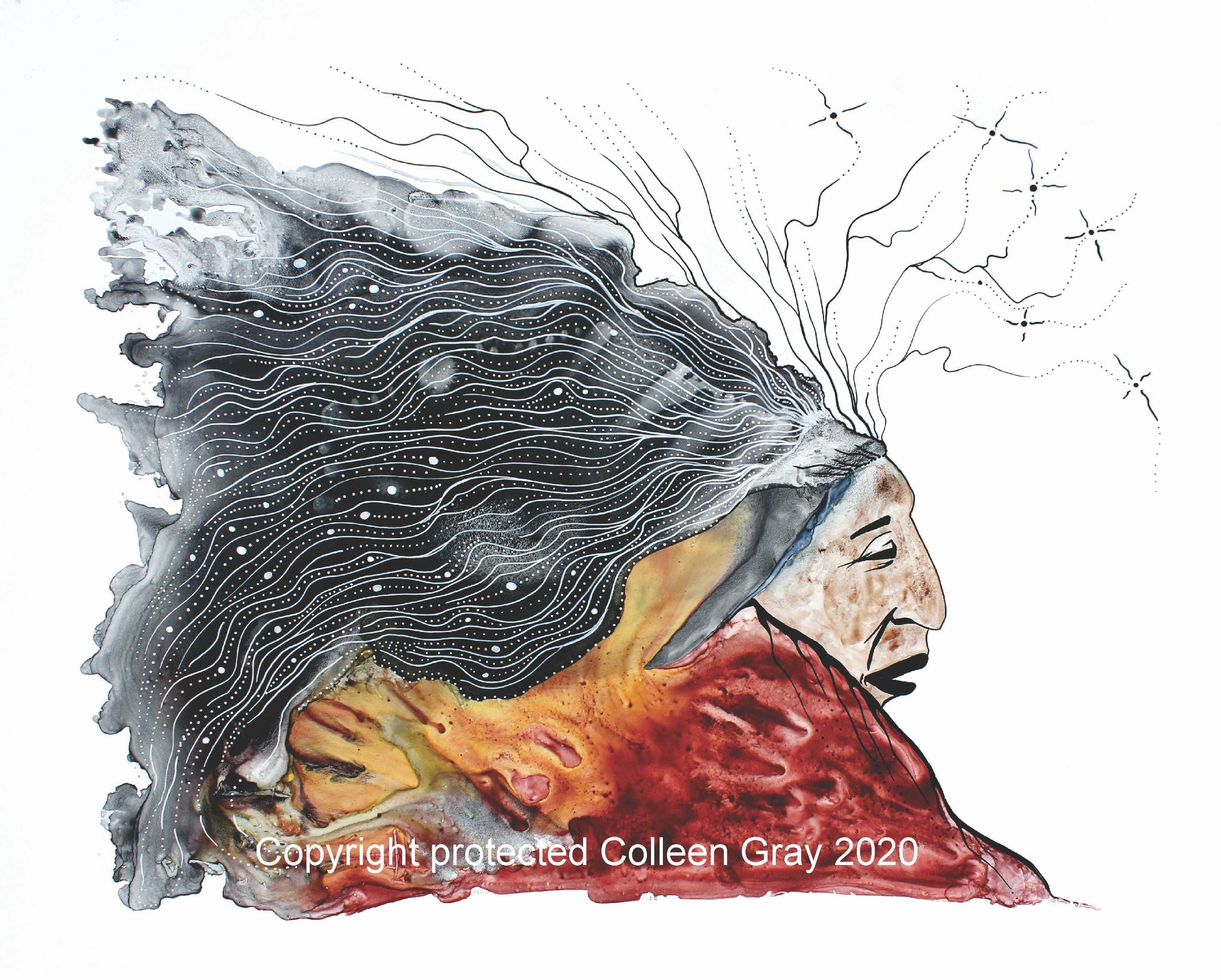Image of Title: Old Man Dreams 16x20 archival print by Metis Artist Colleen Gray Indigenous Canadian Art Work. For sale at https://artforaidshop.ca