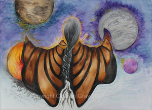 Image of Title: Universal Language Art Card by Metis Artist Colleen Gray Indigenous Canadian Art Work. Woman with long hair, outstretched arms, looking at planets and moon. For sale at https://artforaidshop.ca