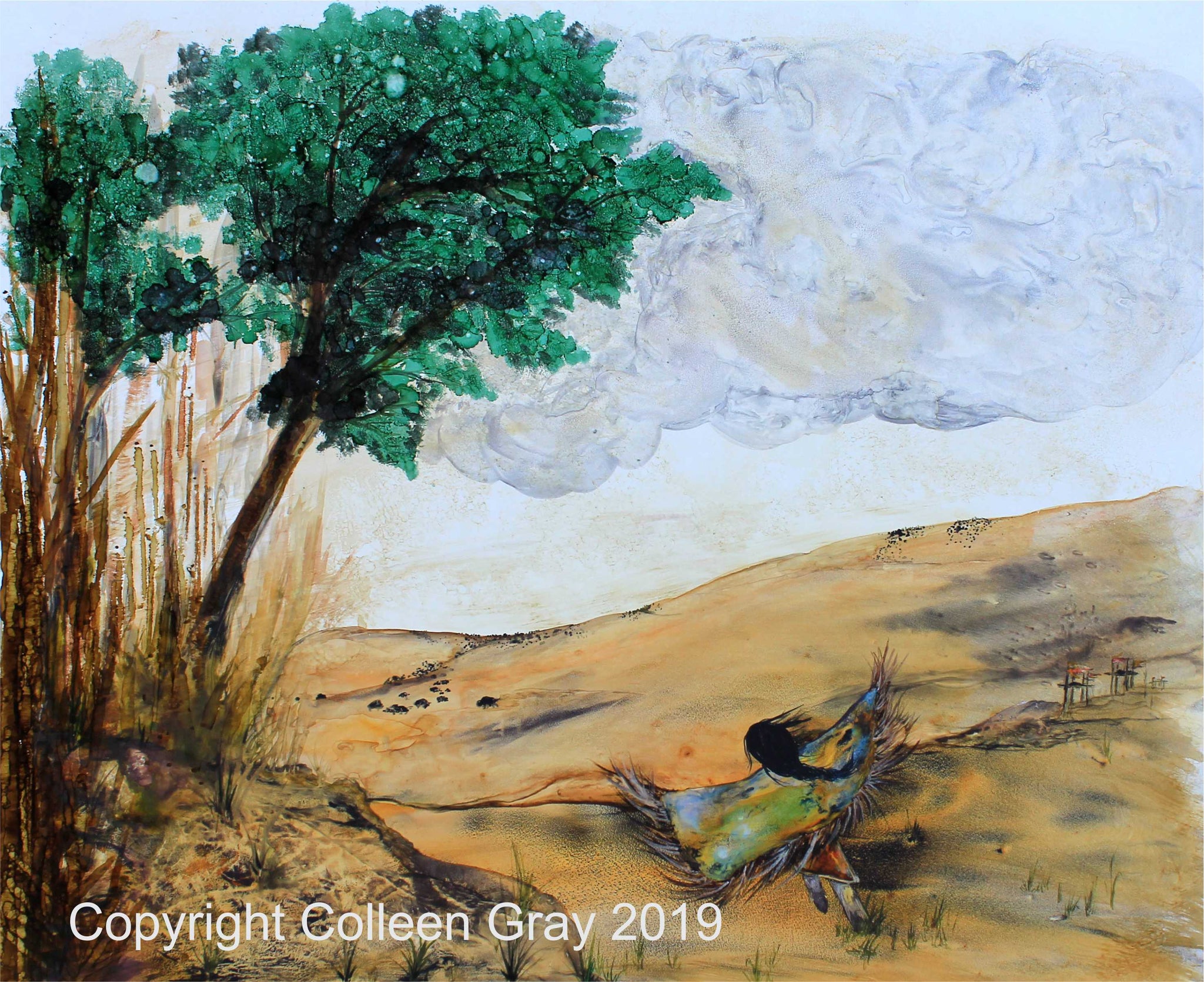 Image of Title: Dancing for the Earth 16x20 archival print by Metis Artist Colleen Gray Indigenous Canadian Art Work. Landscape, green trees, brown earth, blue sky, woman outstretched arms.For sale at https://artforaidshop.ca