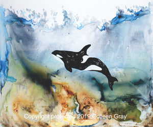 Image of Title: I am Orca 16x20 archival print by Metis Artist Colleen Gray Indigenous Canadian Art Work. Orca in the ocean. horizontal. For sale at https://artforaidshop.ca