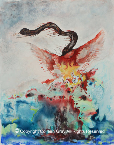 Image of Title: Black Snake Prophecy 16x20 archival print by Metis Artist Colleen Gray Indigenous Canadian Art Work. A black snake is seen rising high out of the multi-coloured water. For sale at https://artforaidshop.ca