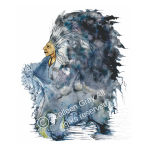 A left facing holy man has a large headdress that is made up of dark blue clouds with small white dots accenting several strands of hair. It appears as if ocean waves are forming at the bottom of his blanket as he prays.