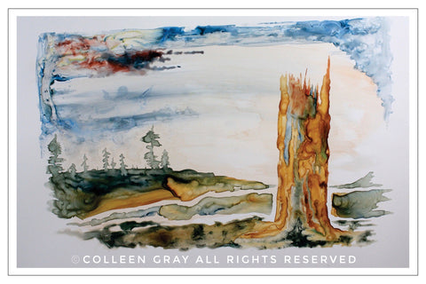 Image of Title: Coming Home Art Card by Metis Artist Colleen Gray Indigenous Canadian Art Work. Image of part of a tree and landscape. For sale at https://artforaidshop.ca