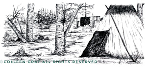 Image of Title:  Day After the Wedding 16x20 archival print by Metis Artist Colleen Gray Indigenous Canadian Art Work. Black and white. Landscape scene, teepee, trees. For sale at https://artforaidshop.ca