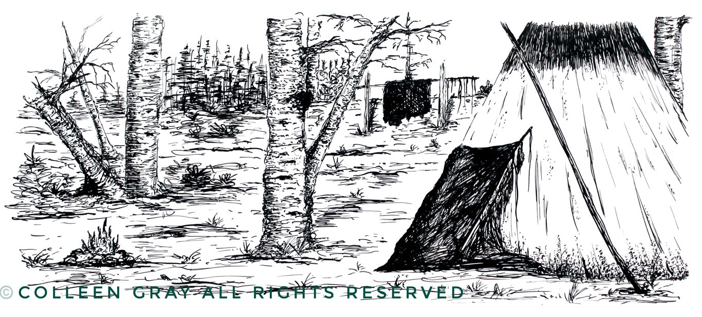 Image of Title:  Day After the Wedding Art Card Metis Artist Colleen Gray Indigenous Canadian Art Work. Black and white. Landscape scene, teepee, trees. For sale at https://artforaidshop.ca