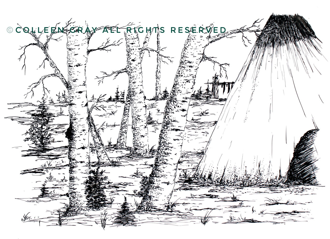 Image of Title: Home 16x20 archival print by Metis Artist Colleen Gray Indigenous Canadian Art Work. Trees, teepee, landscape horizontal. Black & White. For sale at https://artforaidshop.ca