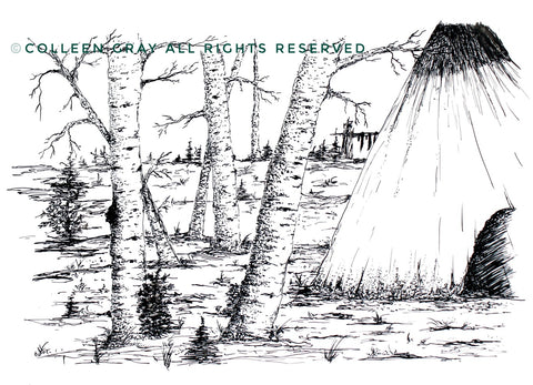 Image of Title: Home Art Card by Metis Artist Colleen Gray Indigenous Canadian Art Work. Trees, teepee, landscape horizontal. Black & White. For sale at https://artforaidshop.ca