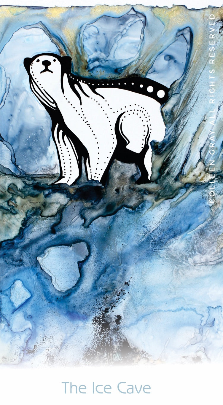 Image of Title: The Ice Cave Bookmark by Metis Artist Colleen Gray Indigenous Canadian Art Work. Polar bear. For sale at https://artforaidshop.ca