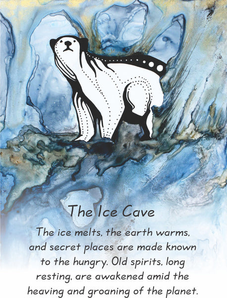 The card deck has a painting on the front of a stylized polar bear standing in a blue ice cave. The story for this painting is on a special card included in the deck.
