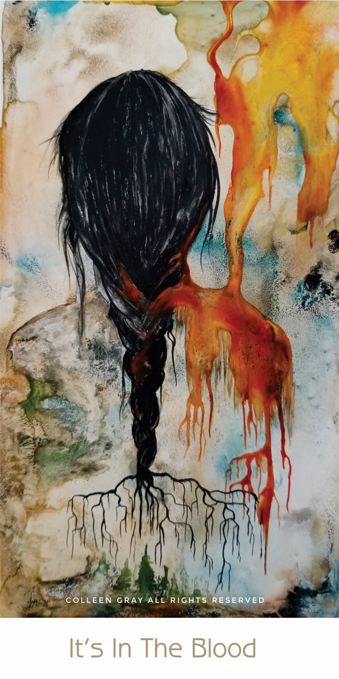 Image of Title: It’s in the Blood Bookmark by Metis Artist Colleen Gray Indigenous Canadian Art Work.   Woman, long hair. For sale at https://artforaidshop.ca
