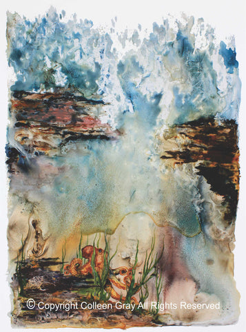 Image of Title: Life Beneath the Shelf Art Card by Metis Artist Colleen Gray Indigenous Canadian Art Work. Ocean life. Vertical. For sale at https://artforaidshop.ca