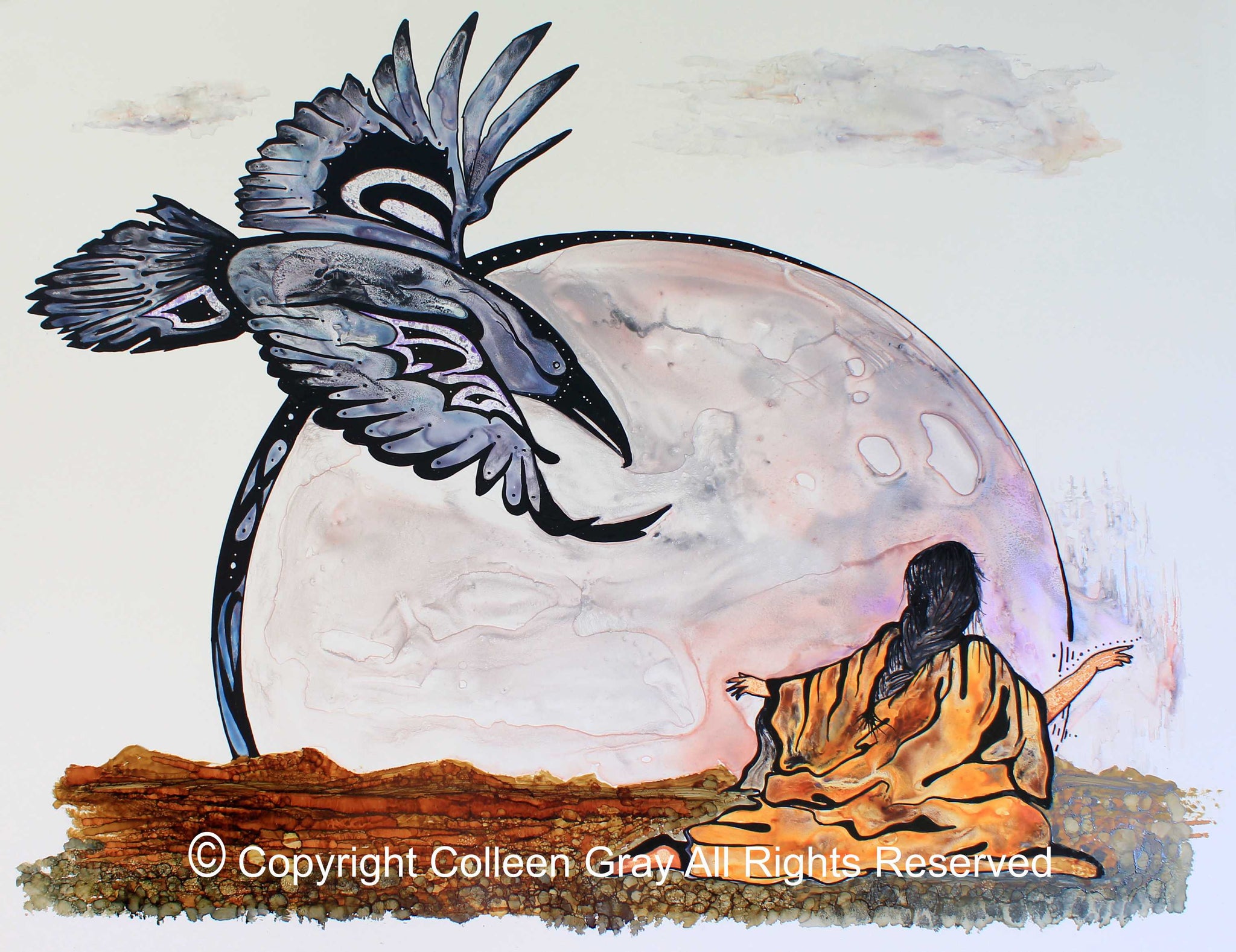 Image of Title: Lunar Messenger 16x20 archival print by Metis Artist Colleen Gray Indigenous Canadian Art Work. Raven and blood moon, woman with arms outstretched Horizontal. For sale at https://artforaidshop.ca