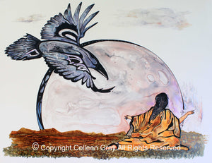 Image of Title: Lunar Messenger Art Card by Metis Artist Colleen Gray Indigenous Canadian Art Work. Raven and full moon, woman with arms outstretched Horizontal. For sale at https://artforaidshop.ca