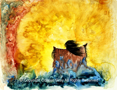 Image of Title: Making the Water Art Card by Metis Artist Colleen Gray Indigenous Canadian Art Work. Woman with arms outstretched, bright powerful fire. Horizontal. For sale at https://artforaidshop.ca