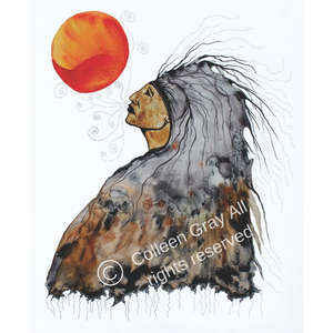 A left facing woman with a grey head dress is looking up to the sun and small swirls are coming from her lips as she talks to the sun. Her hair is grey and there are black tendrils in the head dress. She is wearing a mottled buffalo robe.