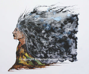Image of Title: Old Woman Dreams. 16x20 archival print by Metis Artist Colleen Gray Indigenous Canadian Art Work. For sale at https://artforaidshop.ca