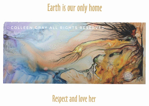 Image of Laminated Poster Earth is Our Only Home by Metis Artist Colleen Gray Indigenous Canadian Art Work. For sale at https://artforaidshop.ca