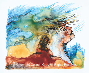 Title: Songs For The Volcano. Image of 16x20 archival print by Metis Artist Colleen Gray Indigenous Canadian Art Work. In it a woman with face markings. She has brilliant colours in her hair and is singing. There are small dots from her mouth to indicate her voice moving into the air. The volcano is in the centre of the image as if is part of the woman’s body. There is water splashing up around her. Very colourful. Blues, deep red, granulated black, deep yellow. For sale on https://artforaidshop.ca