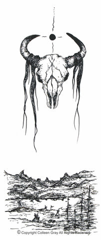 Image Title: Tatanka Wakan - 16x20 archival print by Metis Artist Colleen Gray Indigenous Canadian Art Work. Image of a buffalo skull high above the land. Black and white. For sale at https://artforaidshop.ca