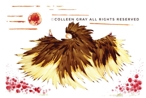 Image of Title: The Dance Veteran 16x20 archival print by Metis Artist Colleen Gray Indigenous Canadian Art Work. Horizontal. With outstretched arms a warrier dances. For sale at https://artforaidshop.ca