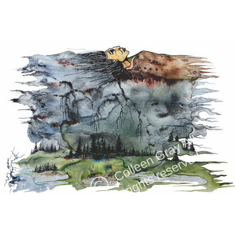 A person is laying on the ground dreaming with a decorated blanket covering his body. His essence seeps into the ground through the roots of trees. At the lower part of the painting there are trees and water that are connecting to the person through the dream time.