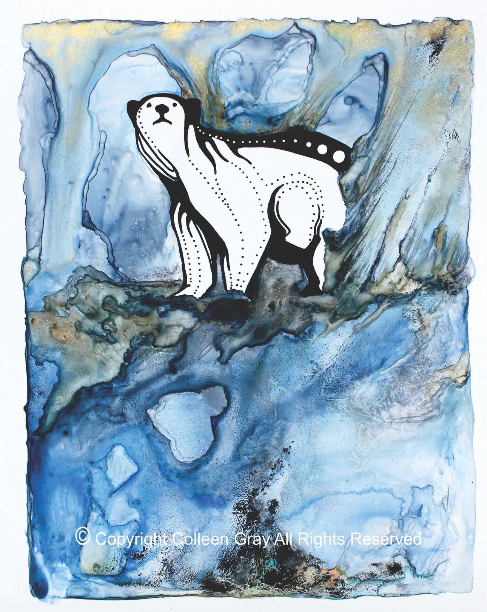 mage of Title: The Ice Cave 16x20 archival print by Metis Artist Colleen Gray Indigenous Canadian Art Work. Vertical. Polar bear. For sale at https://artforaidshop.ca
