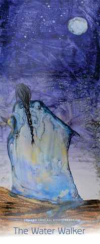 Image of Title: The Water Walker Bookmark by Metis Artist Colleen Gray Indigenous Canadian Art Work. Woman with long hair. Moon in blue night sky. For sale at https://artforaidshop.ca