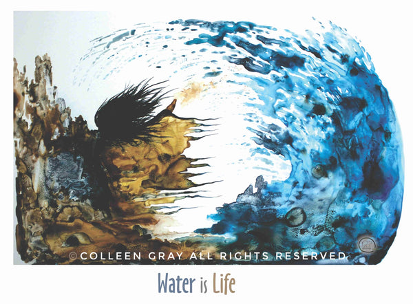 Image of Laminated Poster Water is Life by Metis Artist Colleen Gray Indigenous Canadian Art Work. Woman and ocean wave. For sale at https://artforaidshop.ca