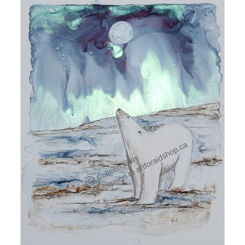 A young polar bear gazes at the northern lights and the full moon. There is a bit of grass showing through the snow and the hill behind him rises gently. There is a bright flash of green lights that is very reflective because of the type of paint this artist uses. It appears as though the  sky is actually glowing from the lights.