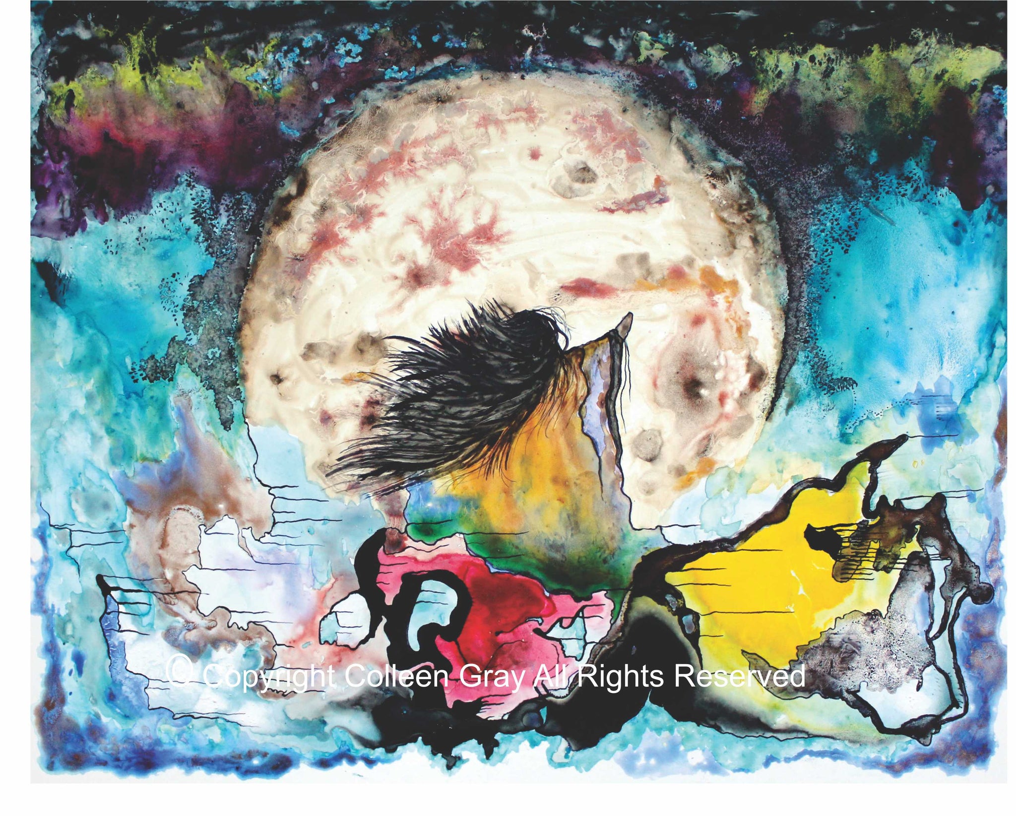 Image of Title: Wizemoon 16x20 archival print by Metis Artist Colleen Gray Indigenous Canadian Art Work. Horizontal. Woman with long flowing hair, outstretched arms, looking at the giant moon seeking wisdom and guidance. For sale at https://artforaidshop.ca
