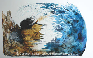 Image of Title: Woman 16x20 archival print by Metis Artist Colleen Gray Indigenous Canadian Art Work. Horizontal. Woman with long flowing hair, outstretched arms, water huge wave. For sale at https://artforaidshop.ca